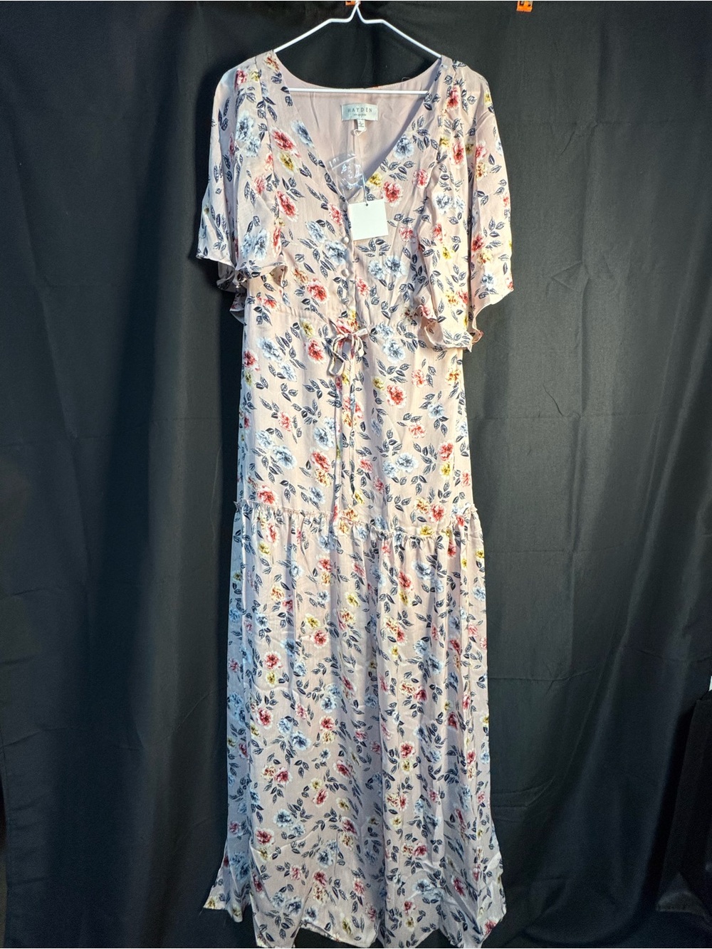Hayden Floral Flutter Maxi Dress - Blush with Navy & Red Accents